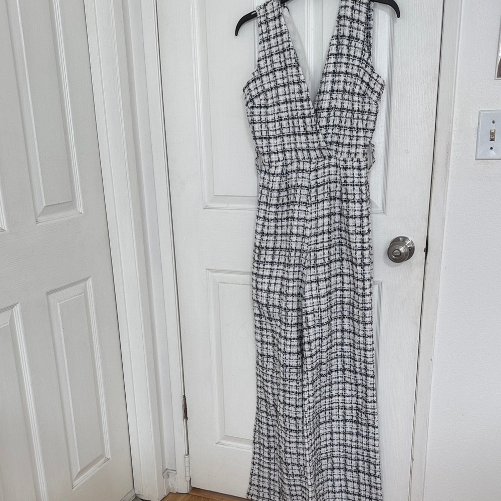 Chic Black and White Plaid flare romper
